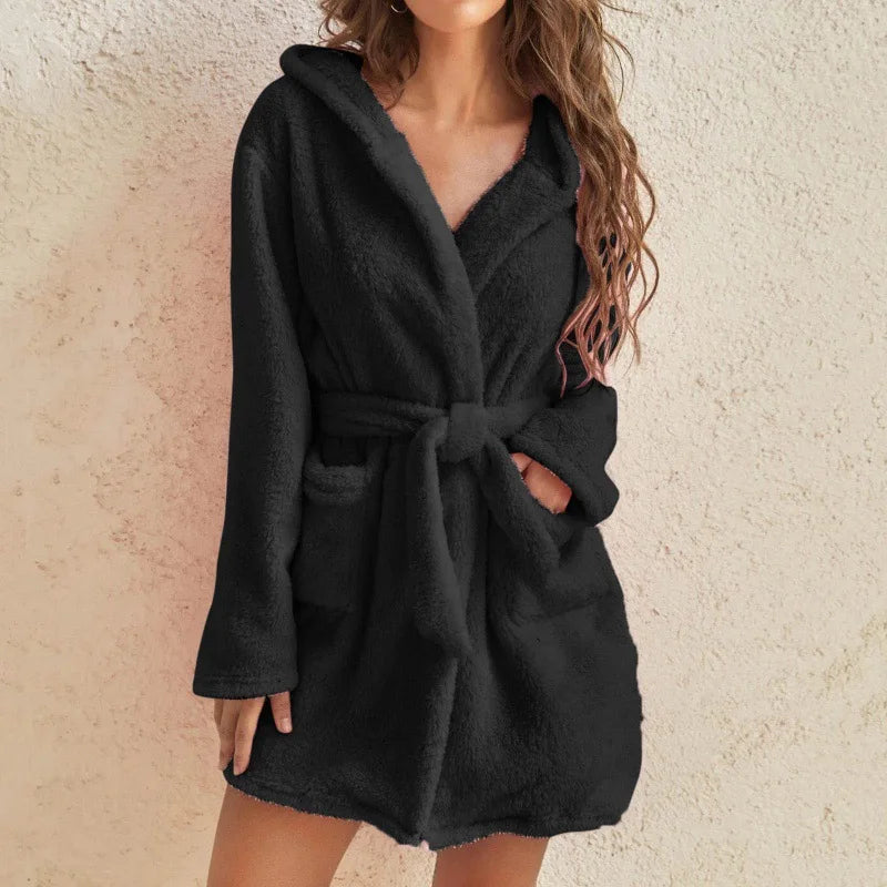 Women's Fluffy Hooded Bathrobe Soft Plush - Vonnera