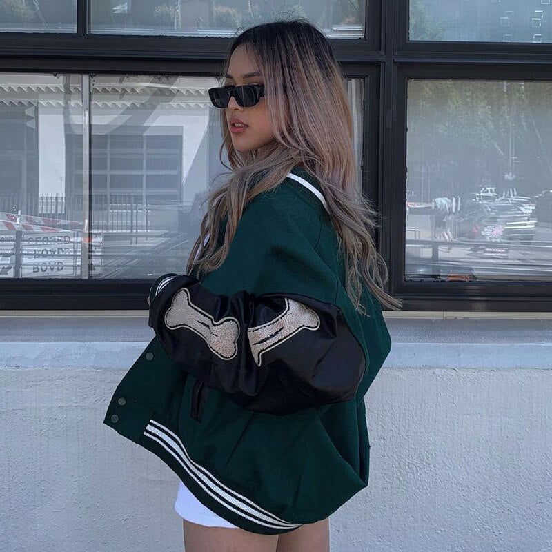 Women's Graphic Varsity Bomber Jacket Bone Sleeve Design