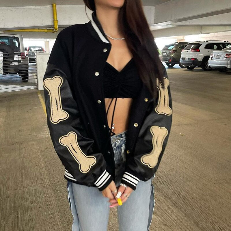 Women's Graphic Varsity Bomber Jacket Bone Sleeve Design