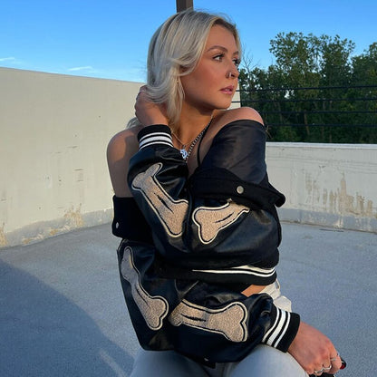 Women's Graphic Varsity Bomber Jacket Bone Sleeve Design