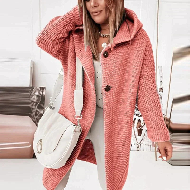 Women's Long Knit Cardigan Button Front Hooded