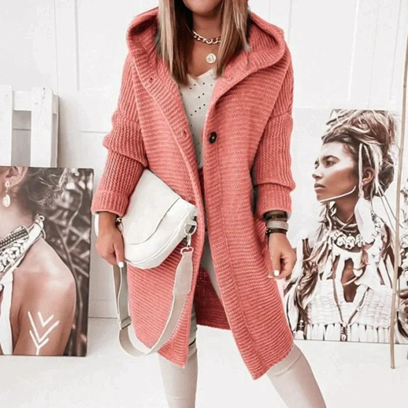 Women's Long Knit Cardigan Button Front Hooded