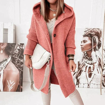 Women's Long Knit Cardigan Button Front Hooded