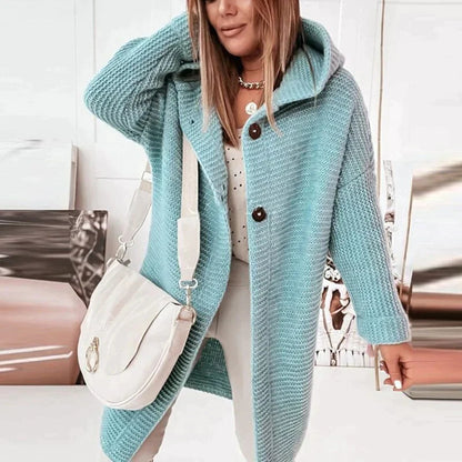 Women's Long Knit Cardigan Button Front Hooded