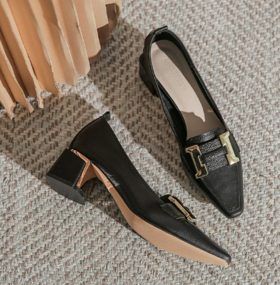 Women's Block Heel Loafers Pointed-Toe Leather