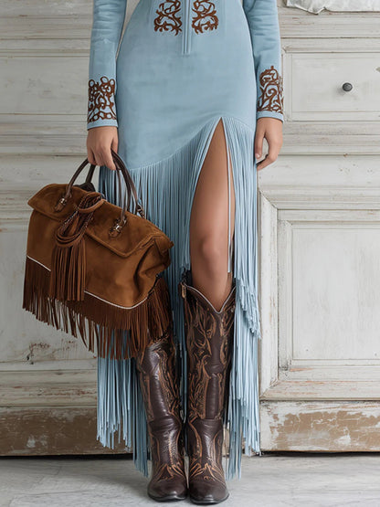 Women's Suede Fringe Maxi Dress