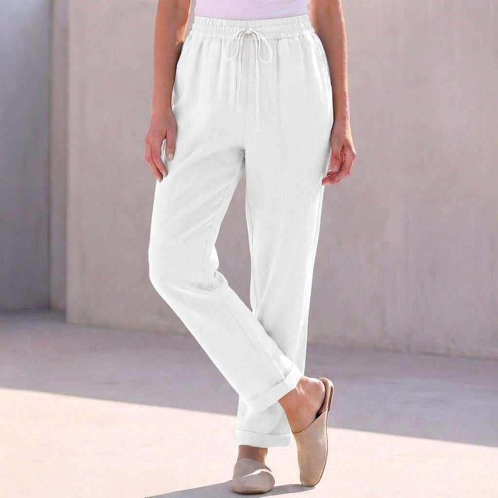 Relaxed Fit Cotton Linen Ankle Pants Drawstring Waist