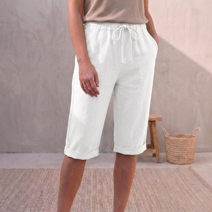 Linen Capri Pants Relaxed Fit Drawstring Waist Cuffed Beige