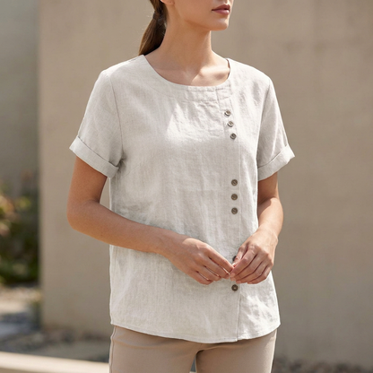 Women's Relaxed Fit Short Sleeve Blouse Asymmetric Button Detail - Vonnera