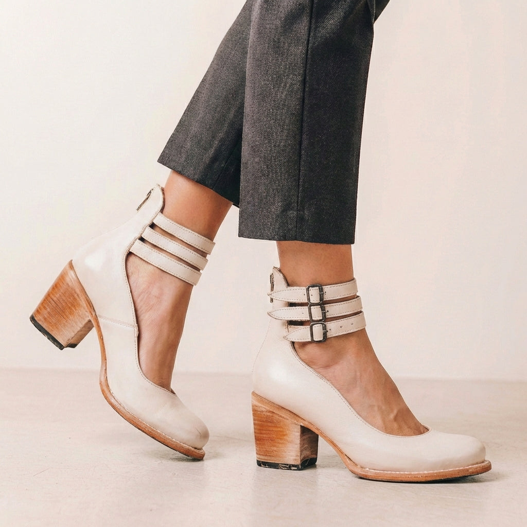 Vegan Leather Block Heel Pumps Buckled Ankle Strap Black