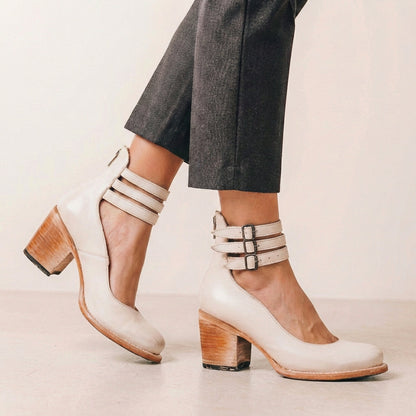 Vegan Leather Block Heel Pumps Buckled Ankle Strap Black