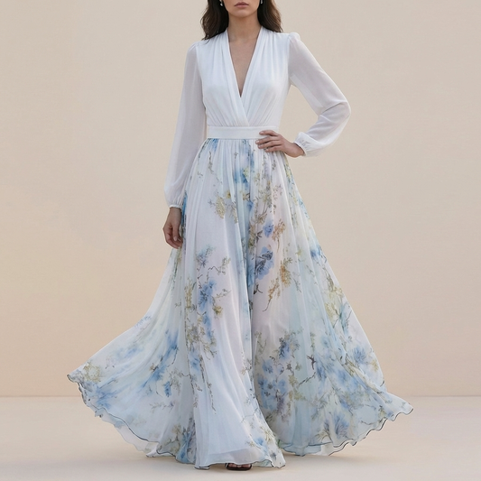 Women's Chiffon Maxi Dress Floral Belted Waist - Vonnera