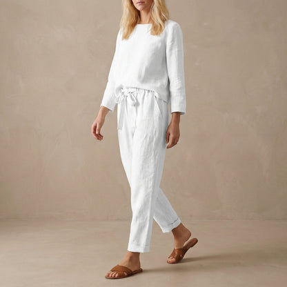 Women's Linen Two Piece Set Boat Neck Blouse Drawstring Pants