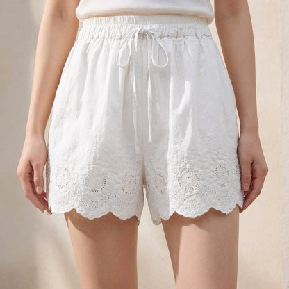 Women's Embroidered Lace Shorts Drawstring Waist Scalloped Hem