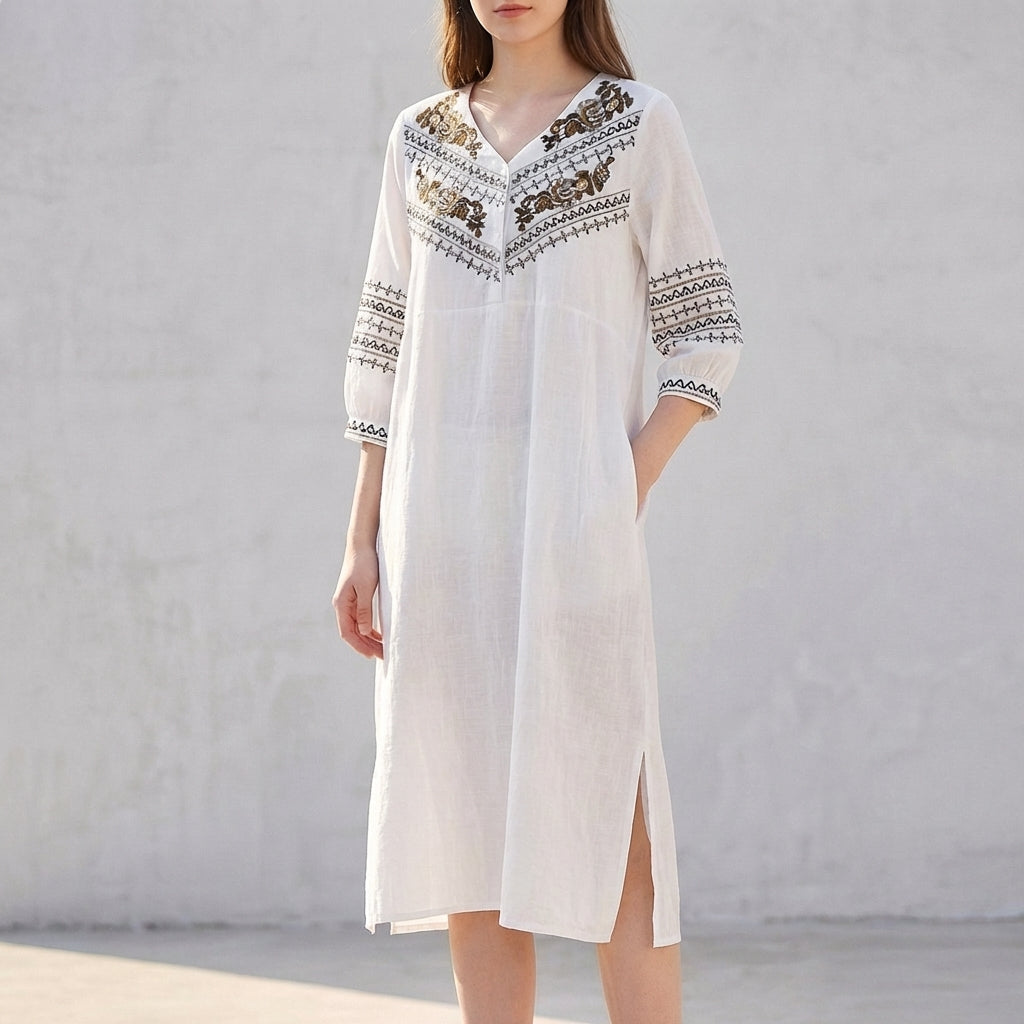 Women's Embroidered Midi Dress Split V-Neck - Vonnera