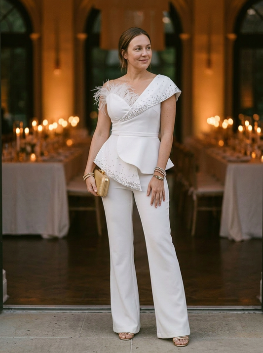 Women's Strapless Jumpsuit Peplum Waist Feather Detail - Vonnera