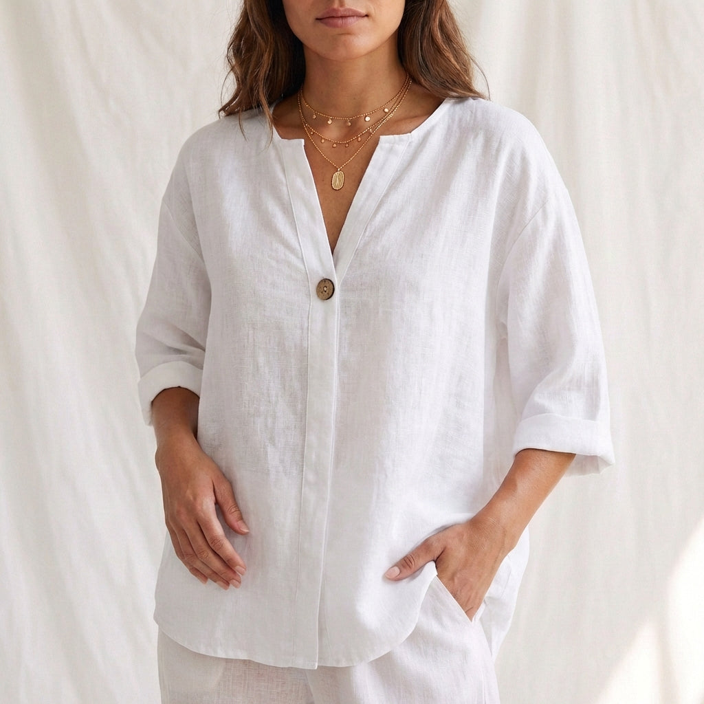 Women's Cotton Blouse V-Neck Cuffed Sleeves White