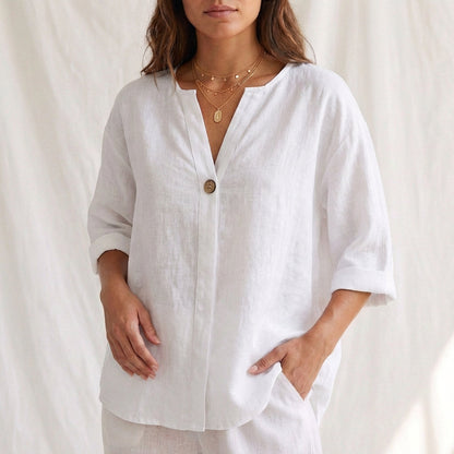 Women's Cotton Blouse V-Neck Cuffed Sleeves White