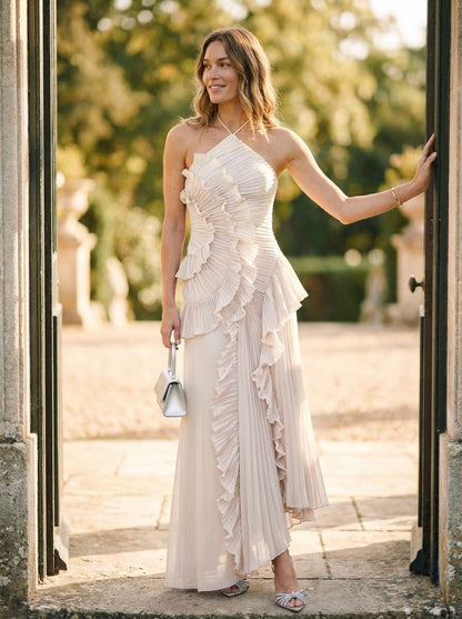 Women's Halter Maxi Dress Ruched Bodice Ruffled Skirt - Vonnera