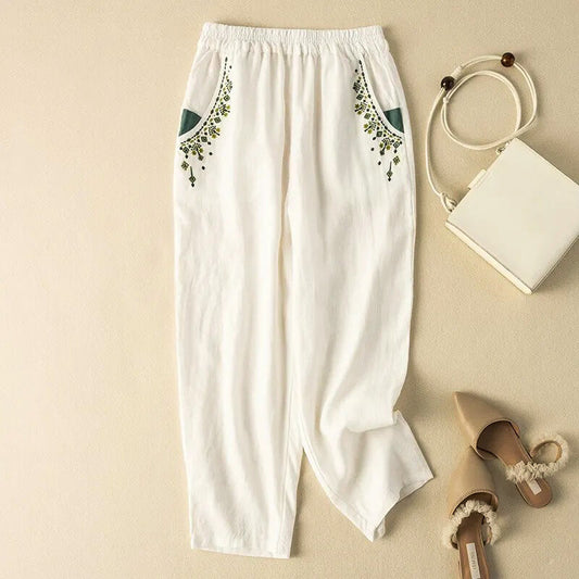 Linen Relaxed Fit Harem Pants Ankle Length Embroidered Pockets - Vonnera