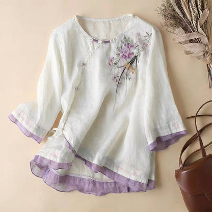 Linen Blend Kimono Blouse Embroidered