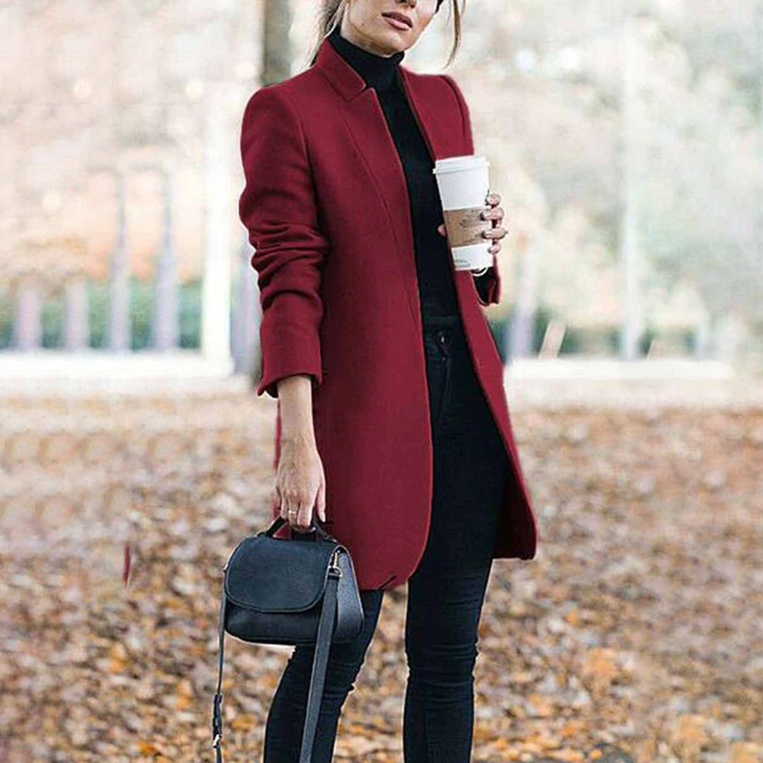 Women's Long Wool Trench Coat Stand Collar Sleek Fit Warm Beige