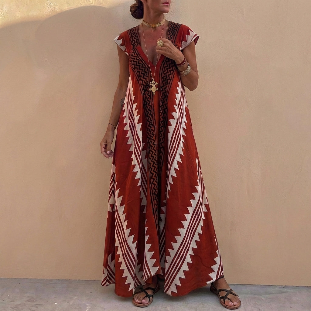 Bohemian A-Line Maxi Dress V-Neck Geometric Print