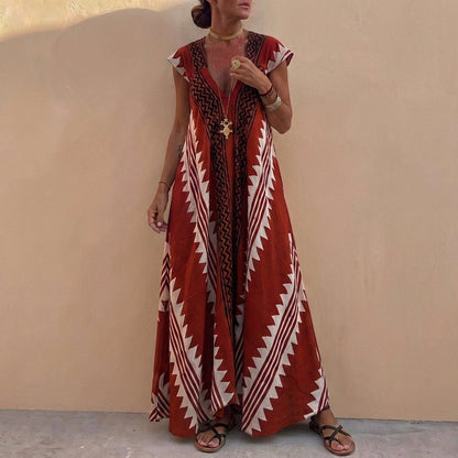 Bohemian A-Line Maxi Dress V-Neck Geometric Print