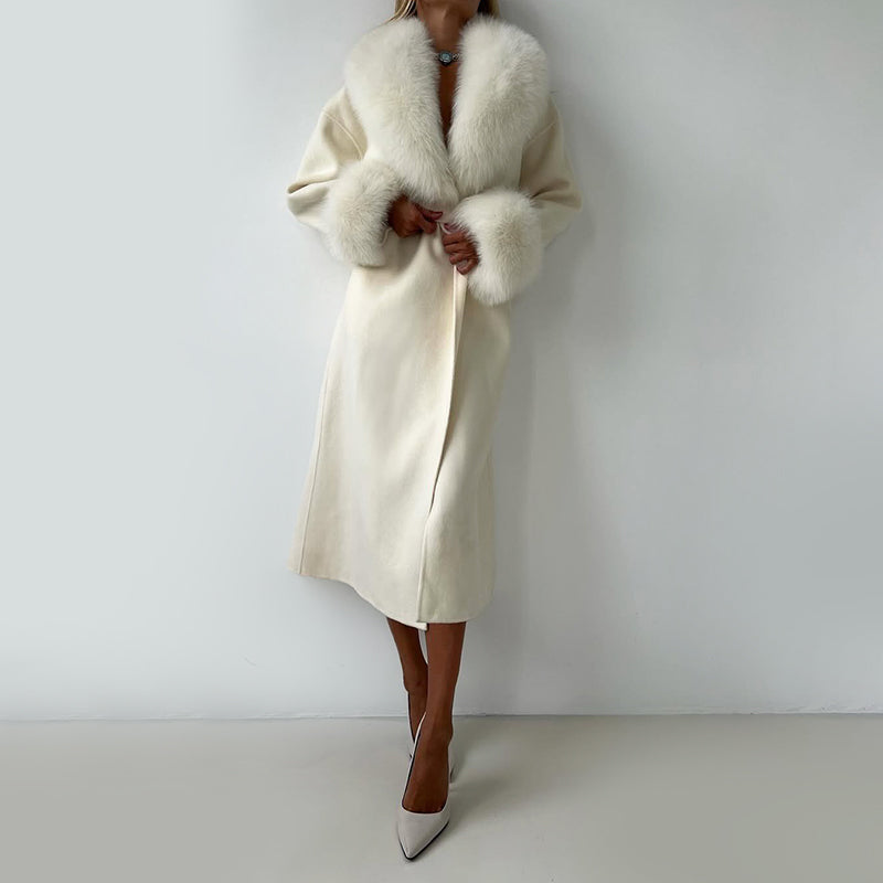 Women's Straight Fit Coat Belted Fur Trim Long Sleeve - Vonnera