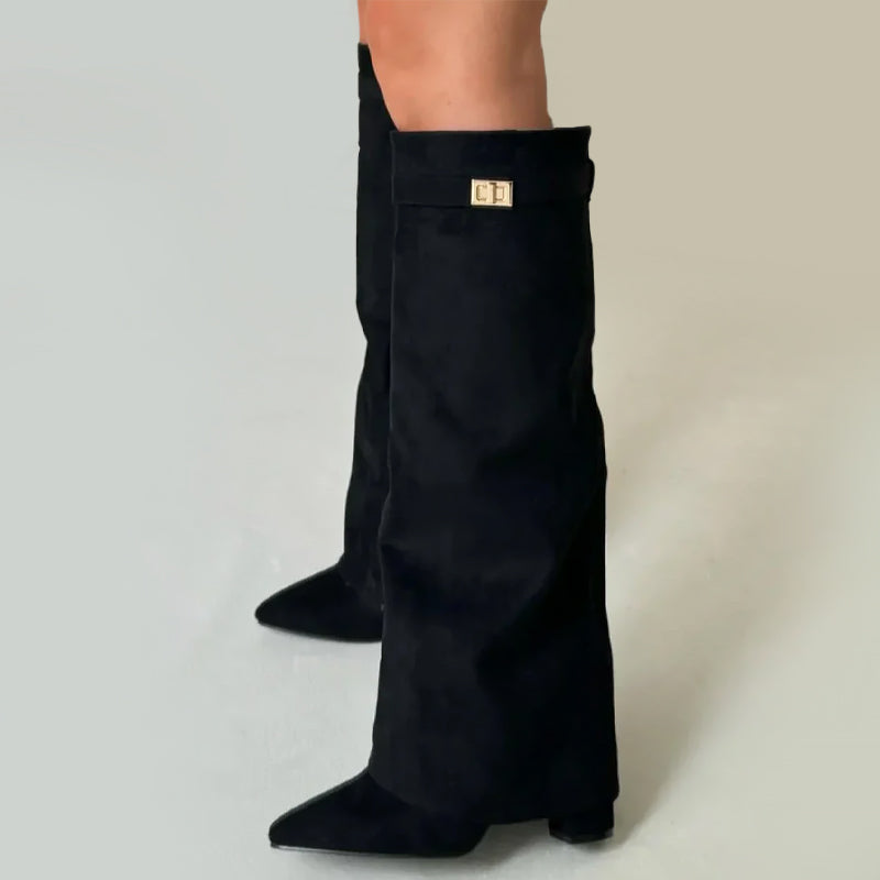 Women's Suede Knee-High Boots Buckle Detail Brown