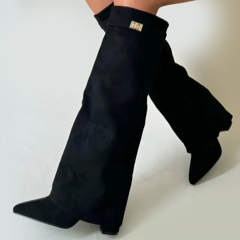 Women's Suede Knee-High Boots Buckle Detail Brown - Vonnera