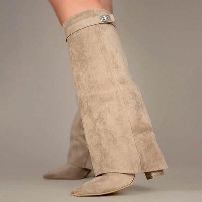 Women's Suede Knee-High Boots Buckle Detail Brown