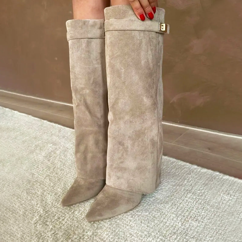 Women's Suede Knee-High Boots Buckle Detail Brown