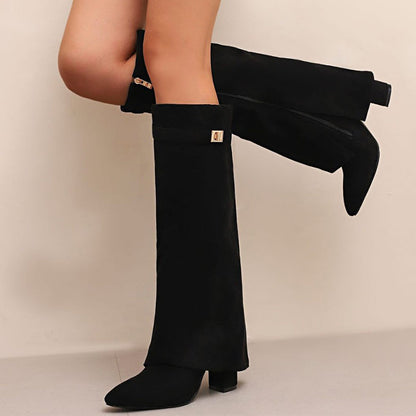 Women's Suede Knee-High Boots Buckle Detail Brown