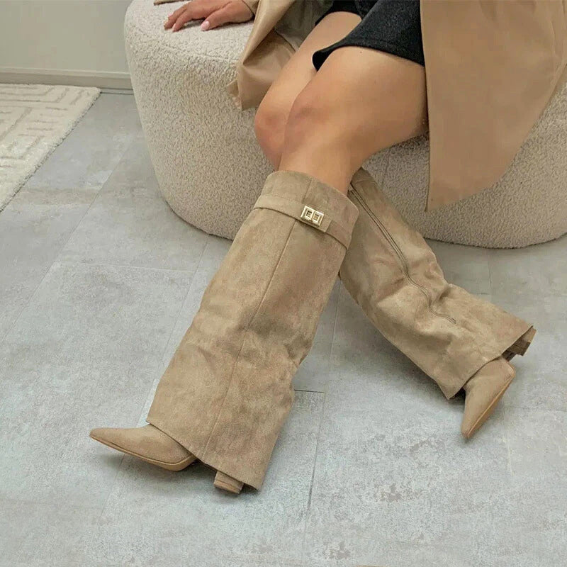 Women's Suede Knee-High Boots Buckle Detail Brown