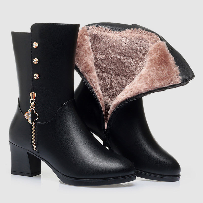 Women's Leather Mid-Calf Boots Block Heel Plush Lining - Vonnera