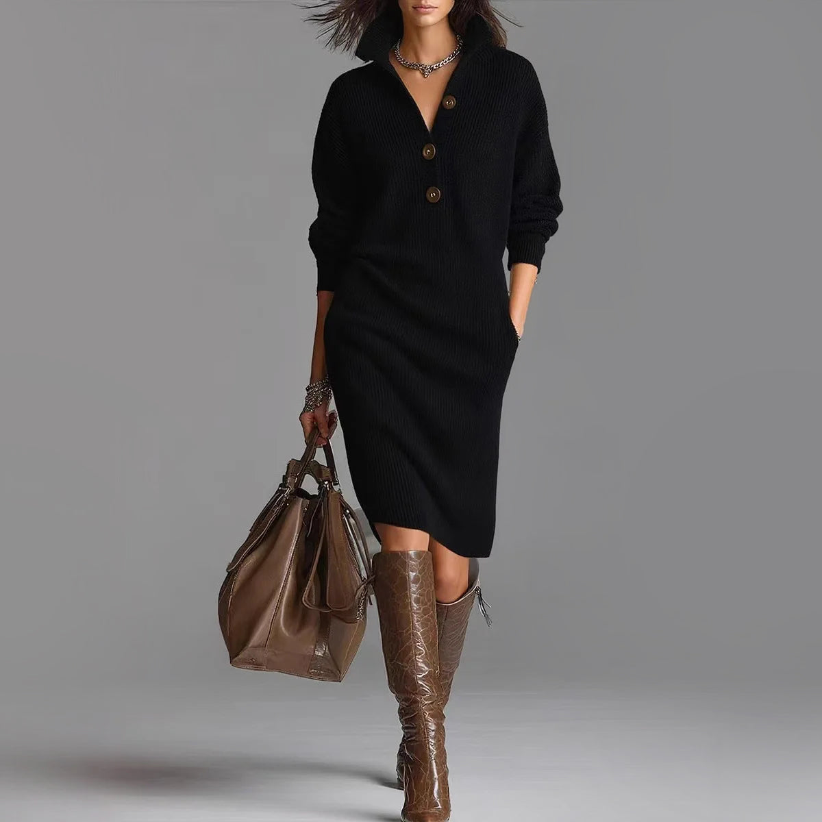 Women's Slim Fit Ribbed Sweater Dress Midi Length
