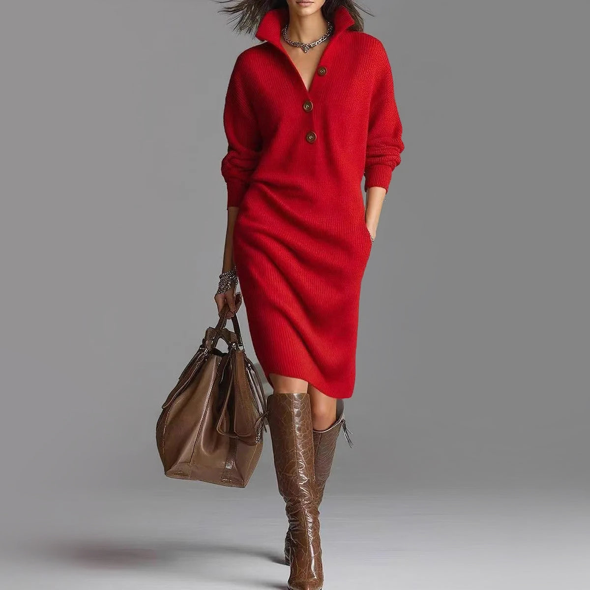 Women's Slim Fit Ribbed Sweater Dress Midi Length