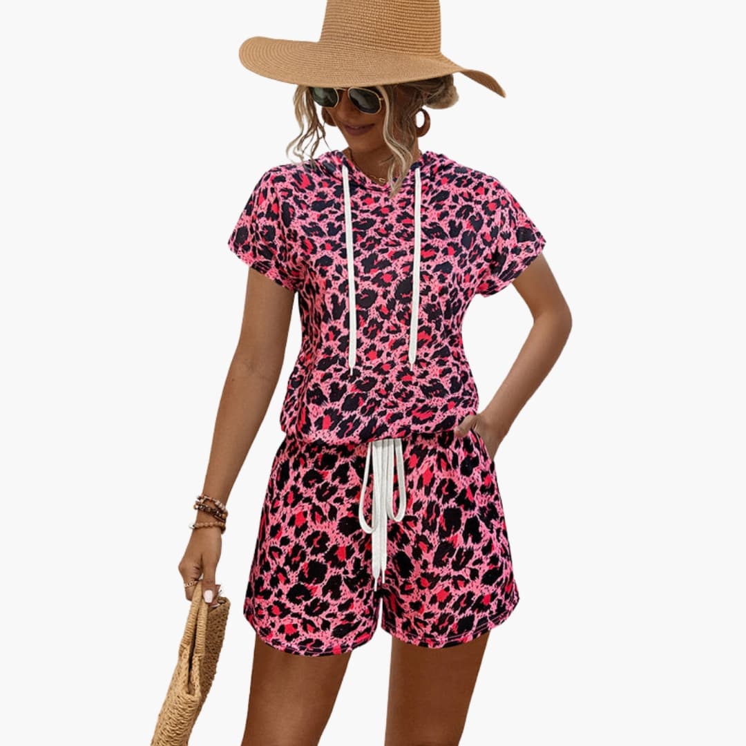 Women's Animal Print Hooded And Shorts Set - Vonnera