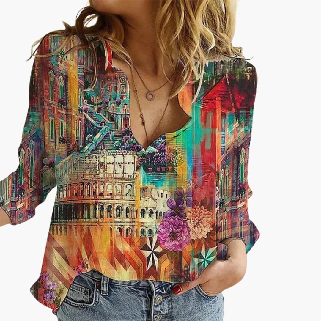 Women's V-Neck Long Sleeve Blouse Artistic Print - Vonnera