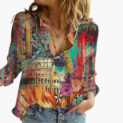 Women's V-Neck Long Sleeve Blouse Artistic Print - Vonnera