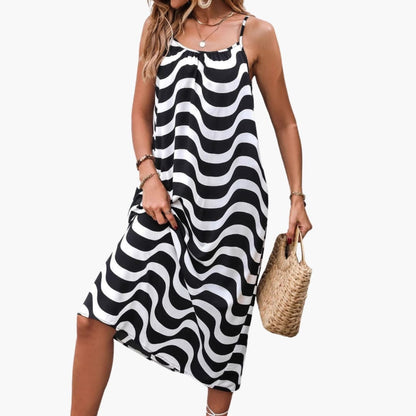 Women's Beach Dress Spaghetti Straps Wave Print - Vonnera