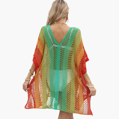 Women's V Neck Beach Dress Open Knit White