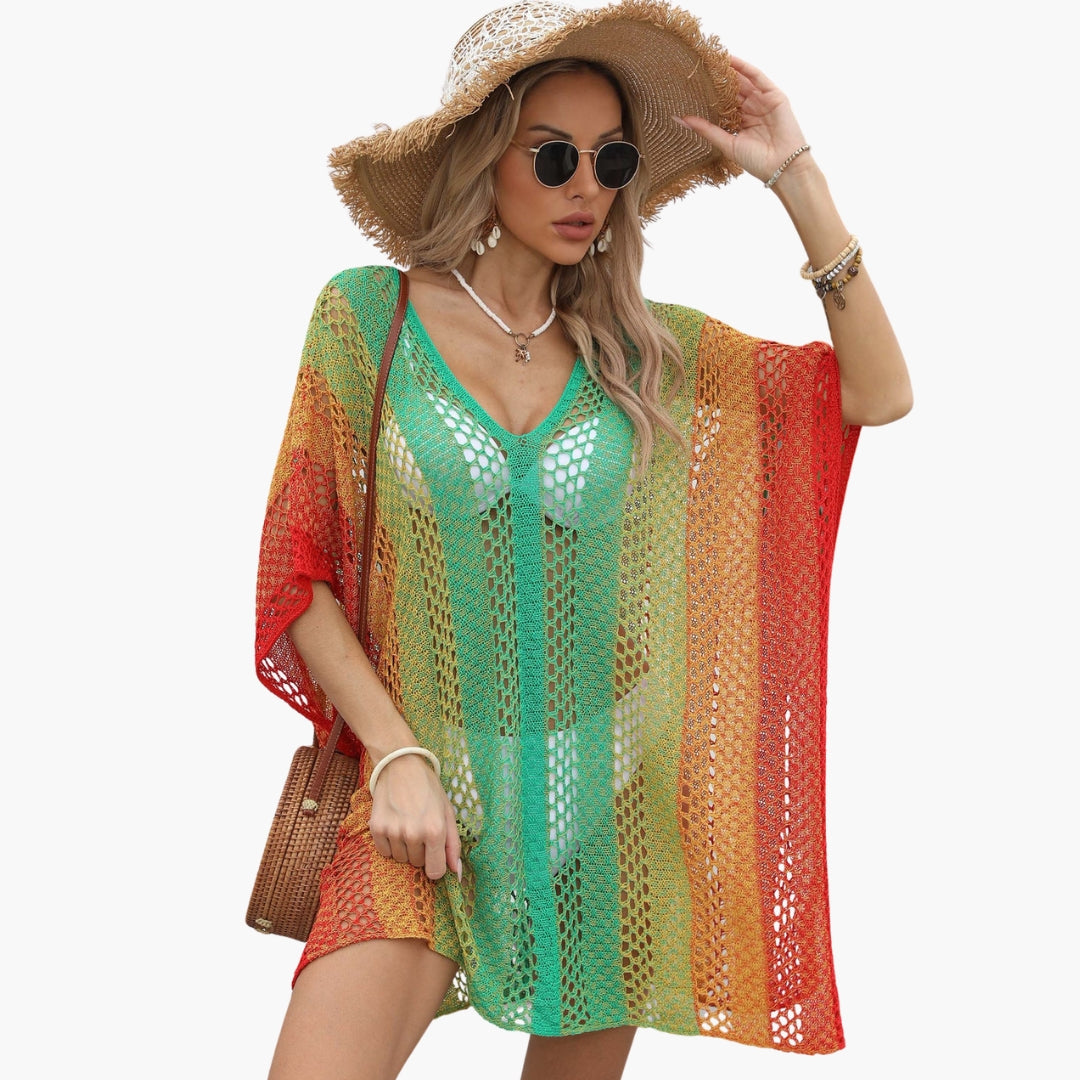 Women's V Neck Beach Dress Open Knit White