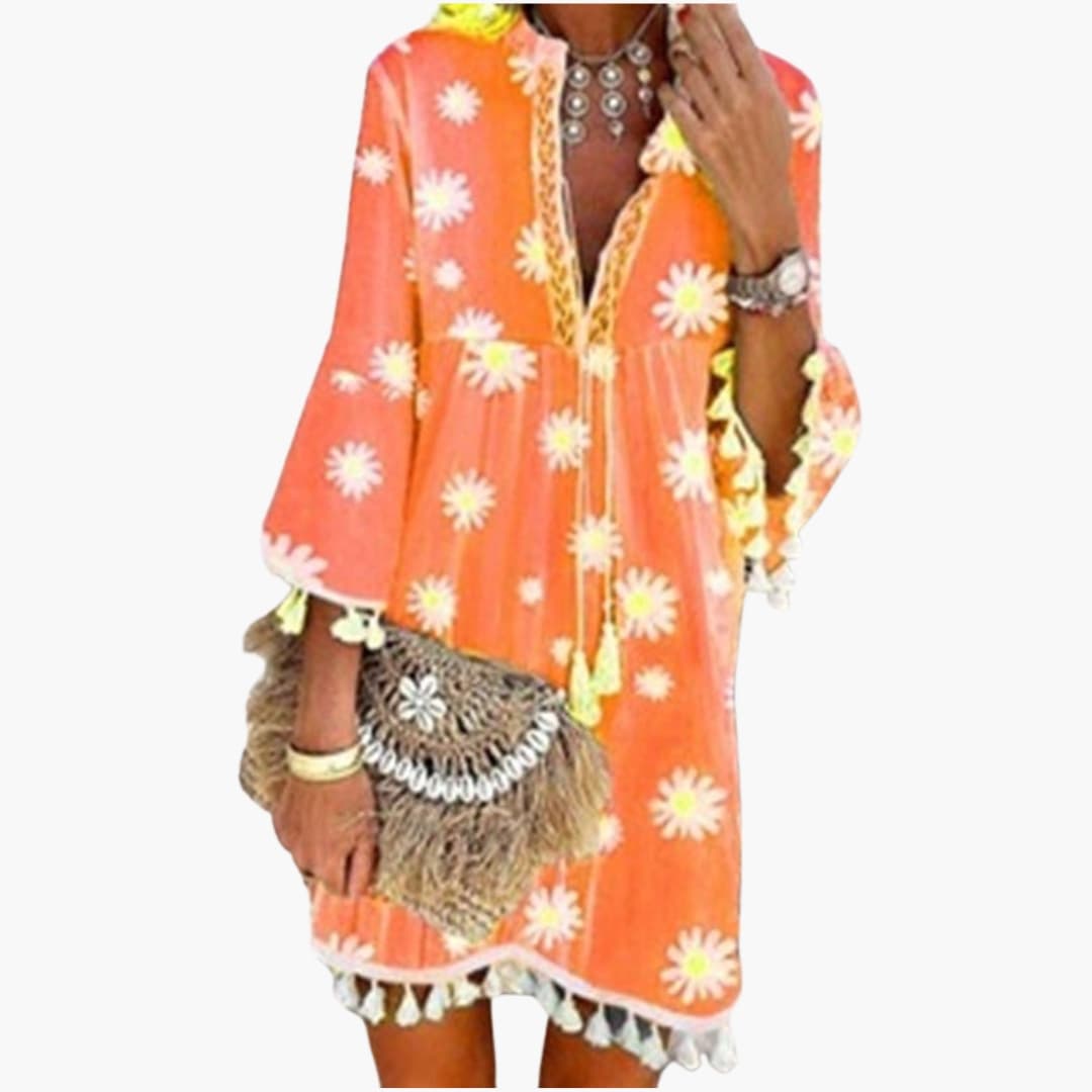 Women's V Neck Tassel Hem Beach Dress - Vonnera