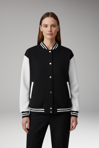 Women's Bomber Jacket Contrast Sleeves Snap Button