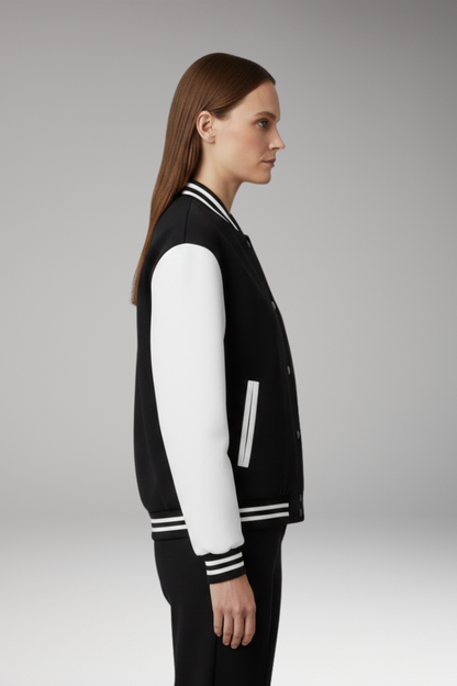 Women's Bomber Jacket Contrast Sleeves Snap Button