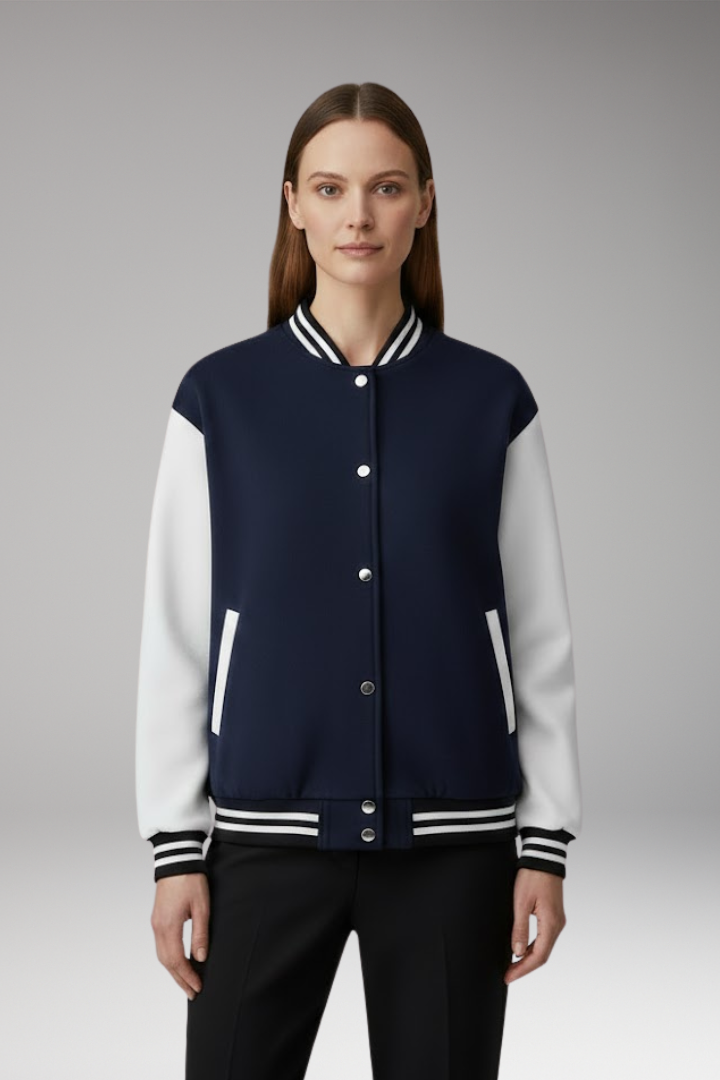 Women's Bomber Jacket Contrast Sleeves Snap Button