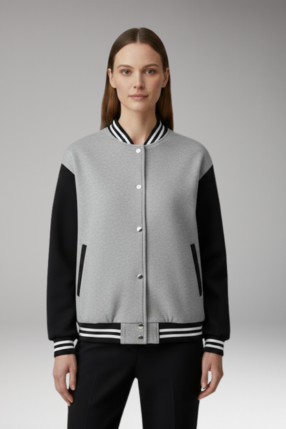 Women's Bomber Jacket Contrast Sleeves Snap Button