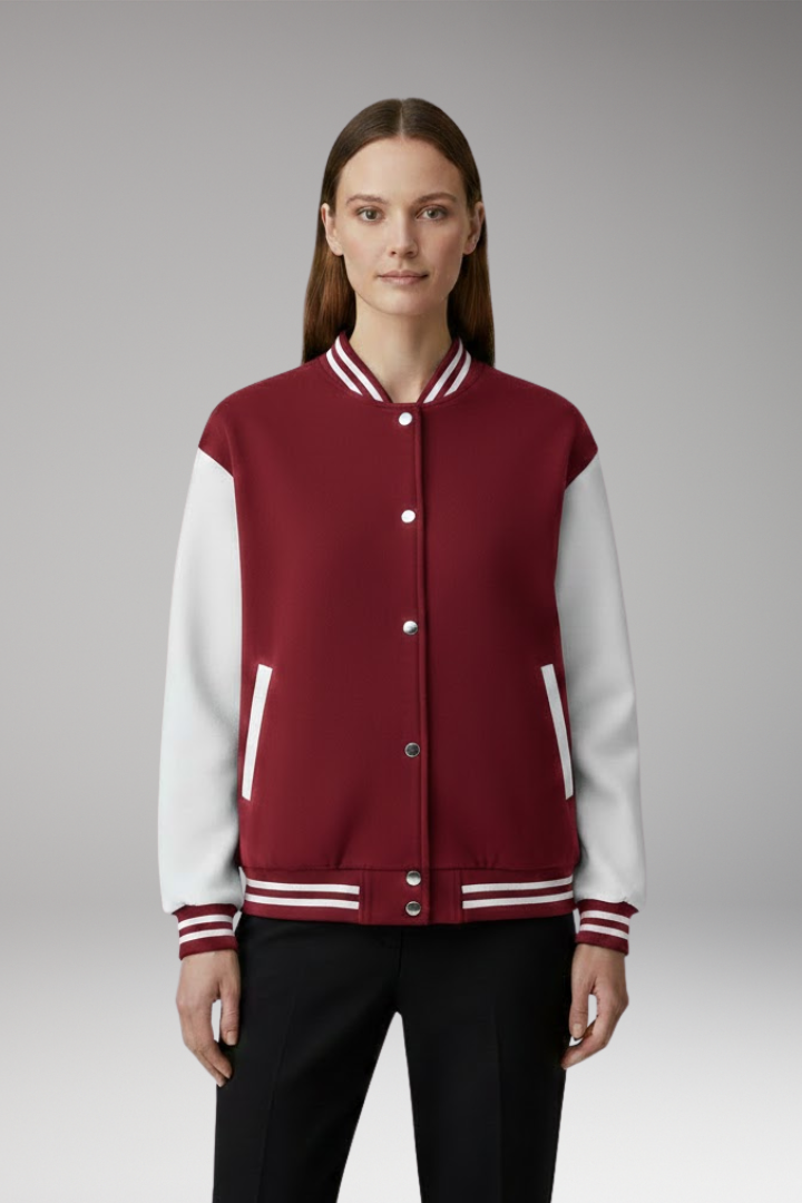 Women's Bomber Jacket Contrast Sleeves Snap Button